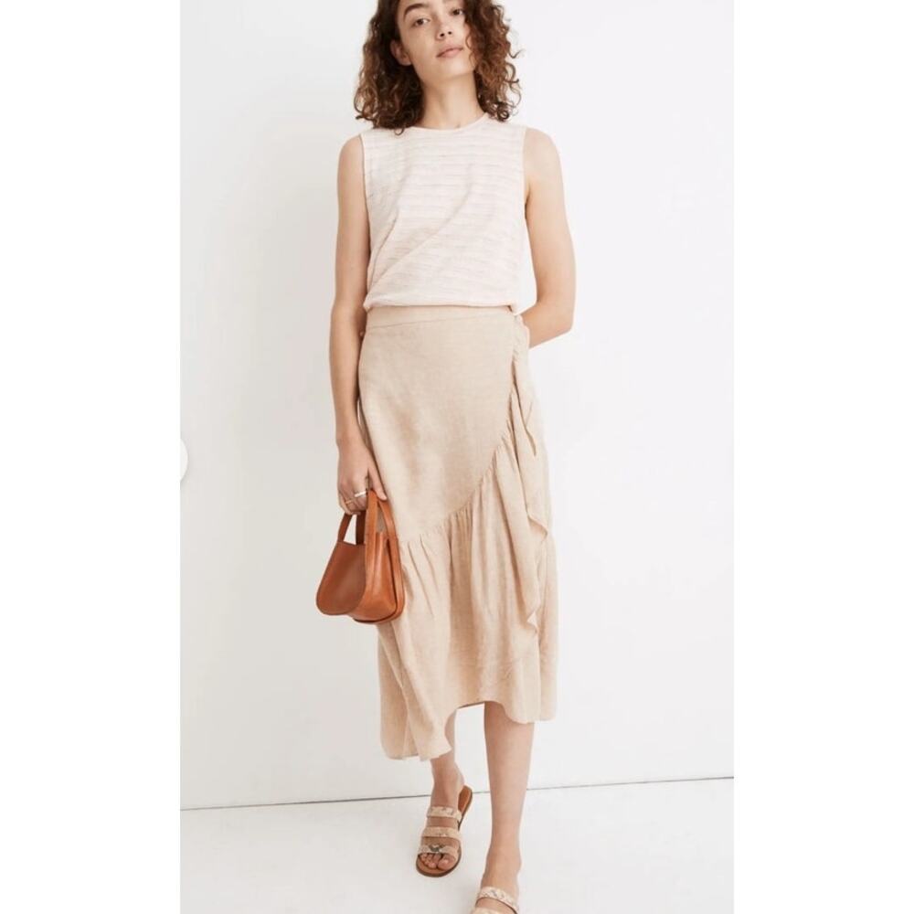 Madewell Womens Linen Blend Faux Wrap Ruffle Midi Skirt Beige Neutral Boho